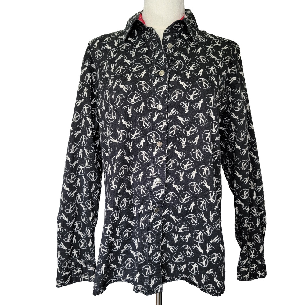 Wrangler Vintage Cowboy Western Button Shirt Womens S/M Black Lasso Ranch Rodeo
